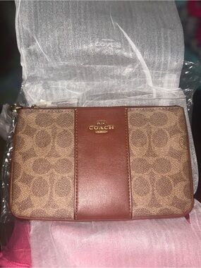 Coach Brown Signature Canvas and Leather Wristlet Pouch NWT